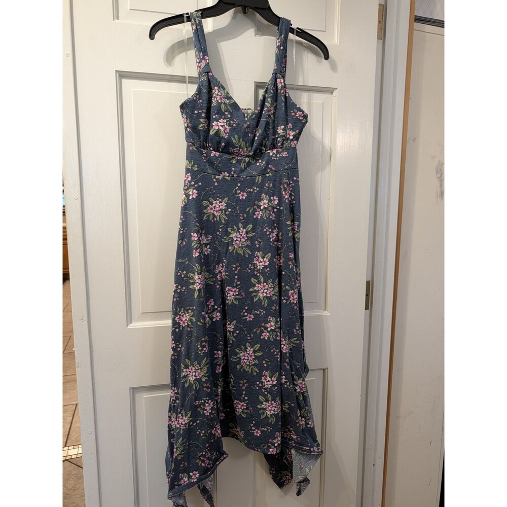 Derek Heart Floral Sundress Small Blue Pink Sleeveless Handkerchief Hem